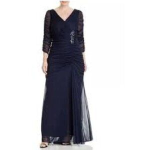 Adrianna Papell sz 18W  Blue V-Neck Gown Sheer Sleeve Ruched Details Rhinestones